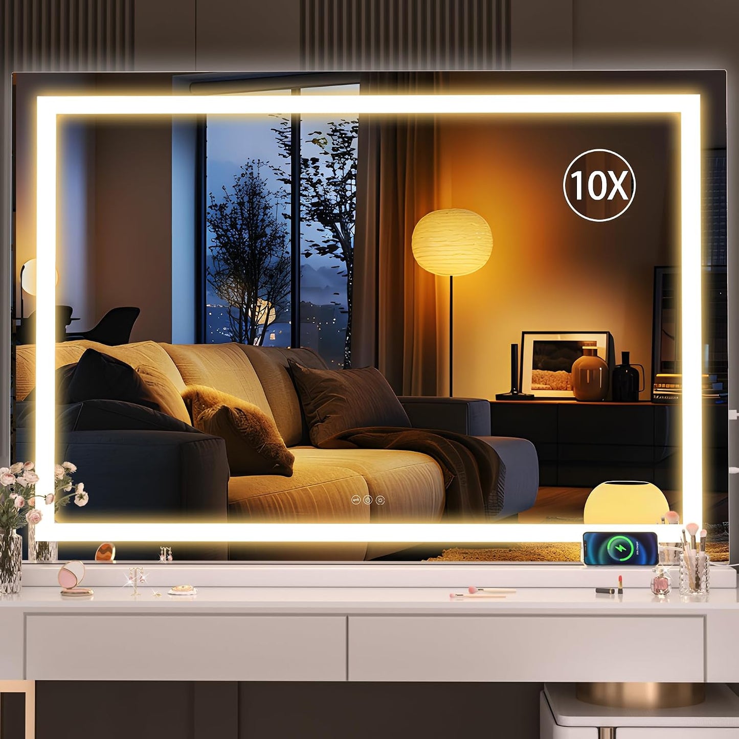 LED Makeup Mirror with Lights - 31.5" x 22" Dimmable Touch Screen Vanity Mirror | Round Black Design