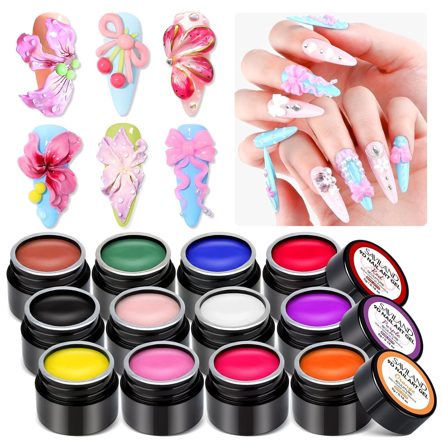 3D Nail Gel Set - 12 Colors Non-Sticky Soak Off Sculpting Gel | Nail Art Painting & Carving Tools for Home Salon DIY