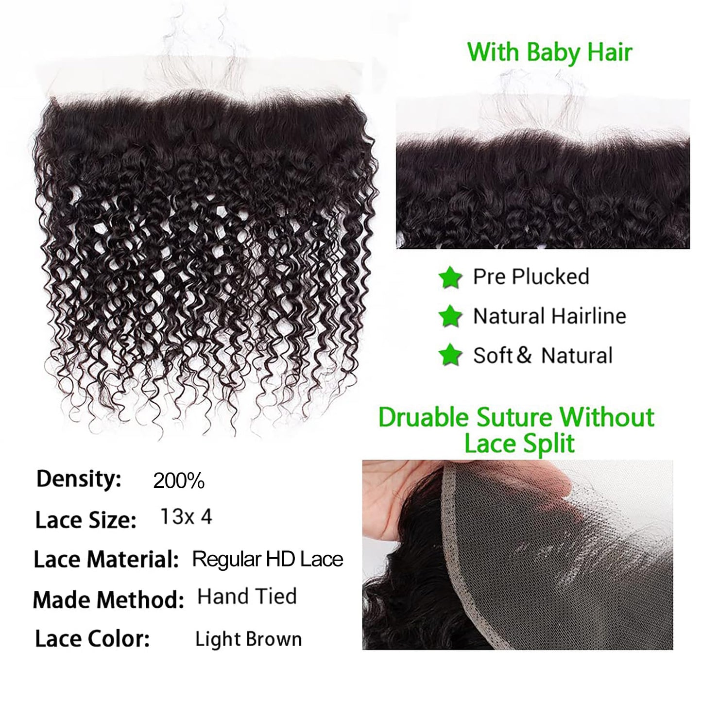13x4 Lace Frontal Only Deep Curly Regular HD Lace, 200% Density, 100% Brazilian Virgin Human Hair Ear to Ear HD Lace Frontal Pre Plucked with Baby Hair Natural Black Color 14 Inch