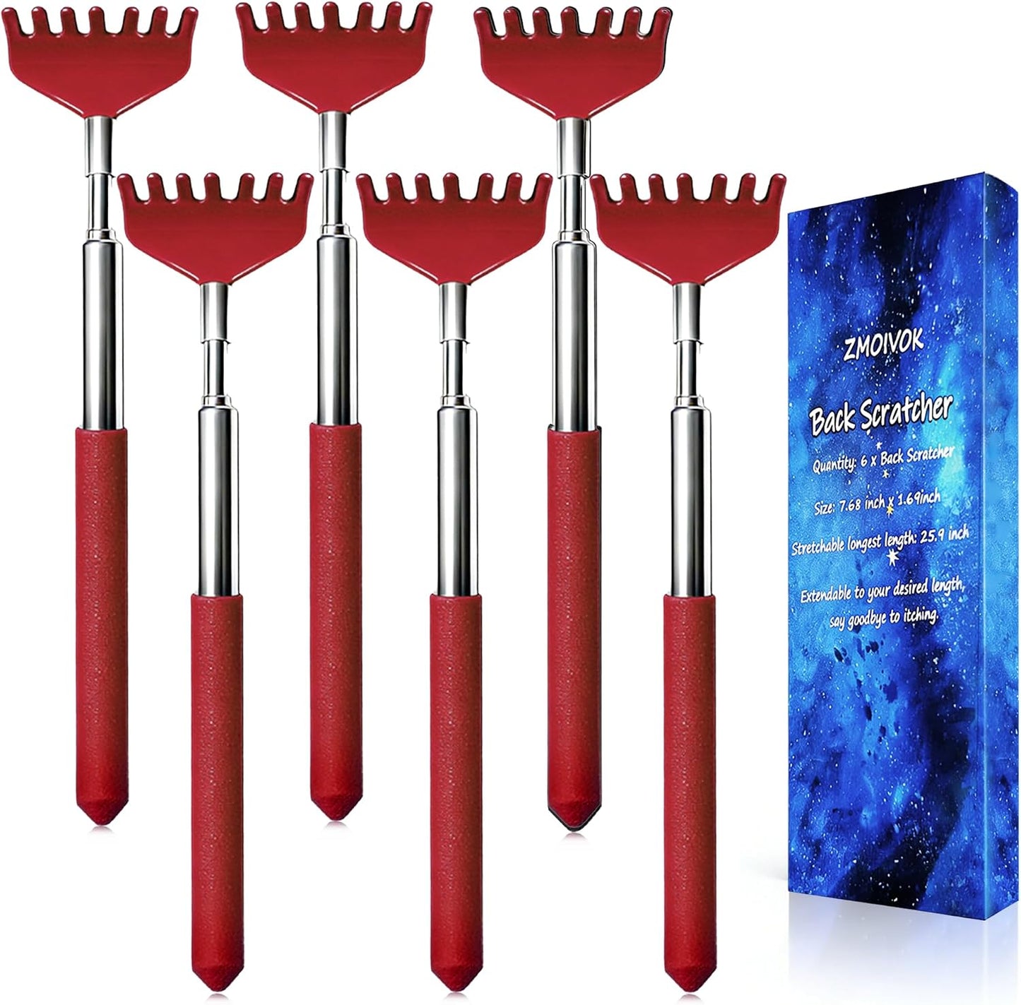 Back Scratchers Set - 6 Pack Extendable Rubber Handle & Stainless Steel Heads | Perfect Gift for Thanksgiving & Christmas