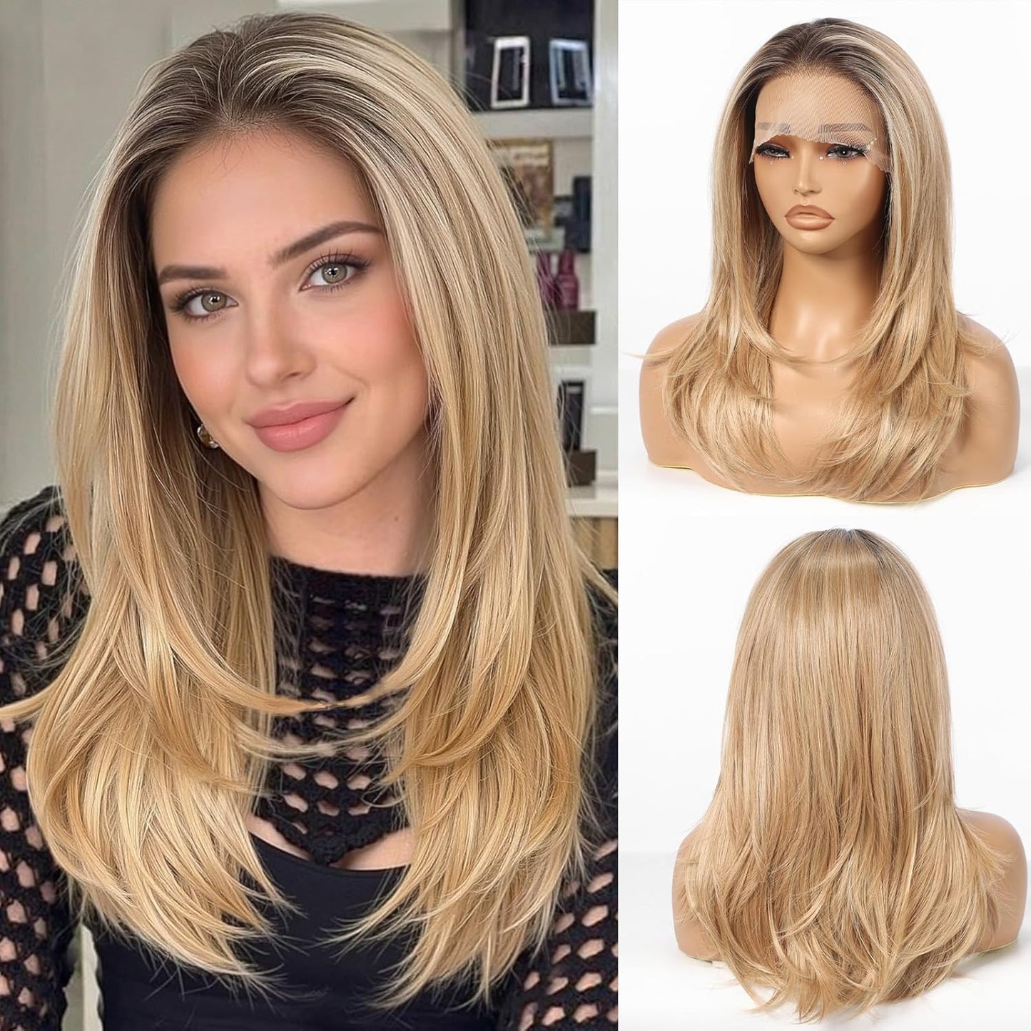 Ash Blonde Synthetic Lace Front Wig for Women - 13x4 Long Layered Hair, Natural Glueless Hairline, 20 Inch