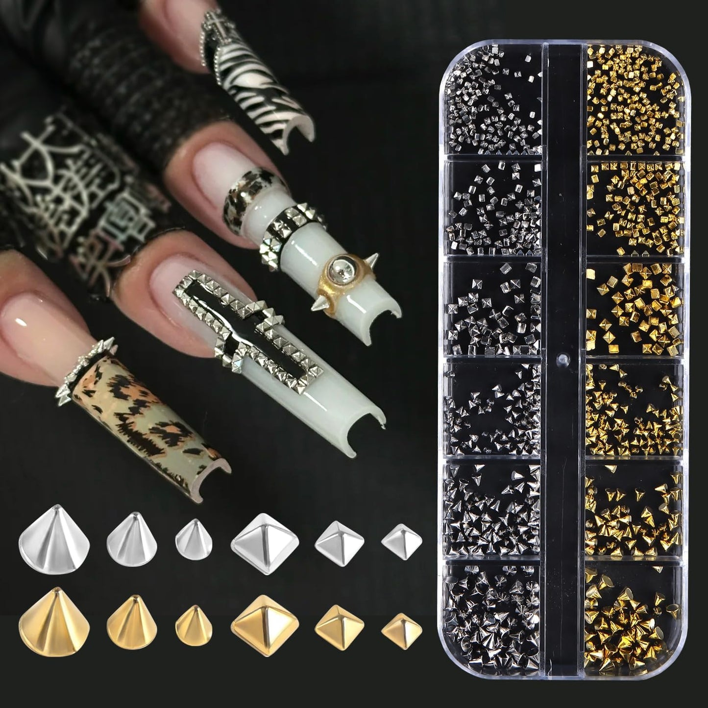 3D Star Nail Art Charms - Gold Metallic Studs & Rhinestones | Mixed Styles for DIY Manicure Supplies
