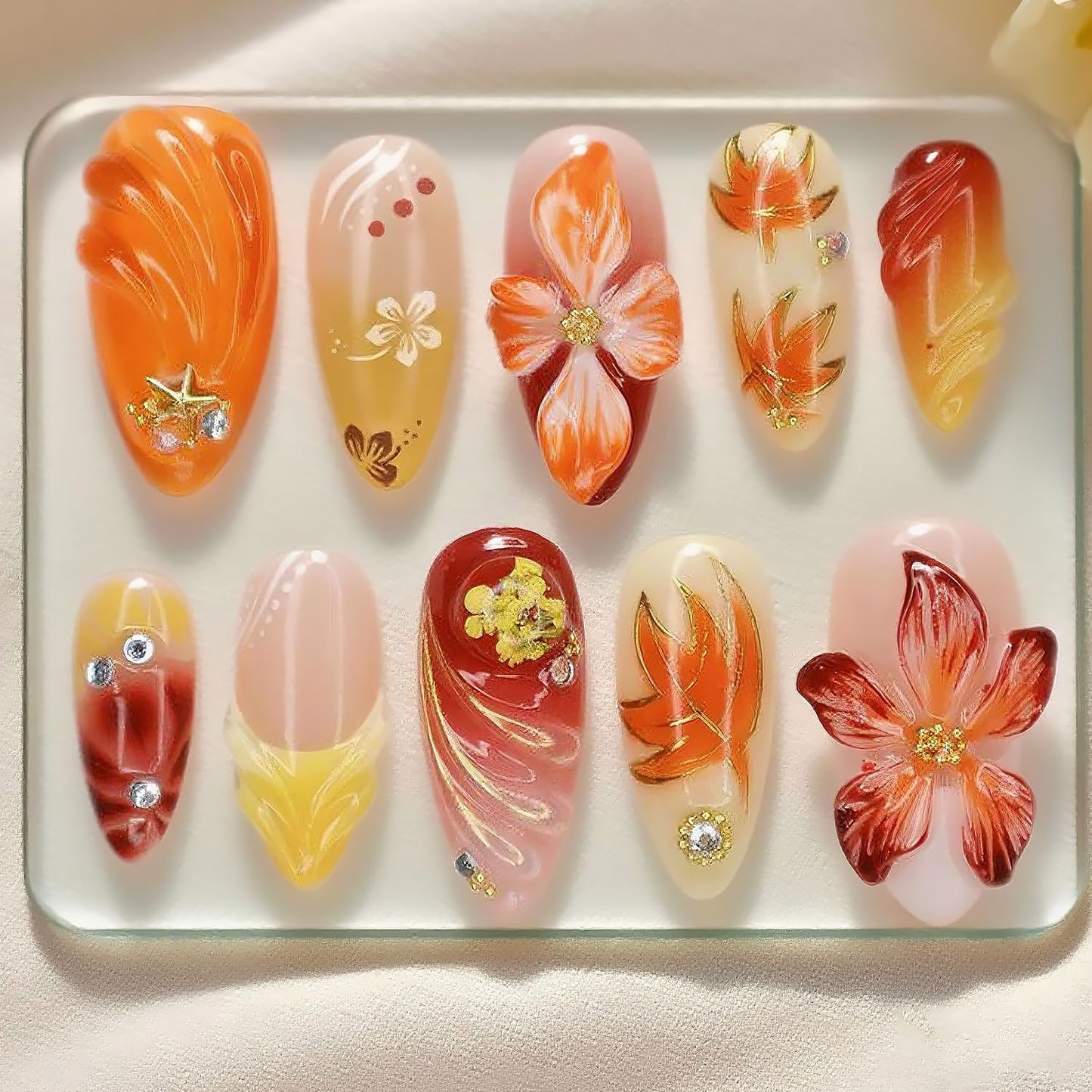 French Tip Press-On Nails - 24 Pcs Medium Almond with 3D Flower & Gold Rhinestones | Full Cover Nude Artificial Nails