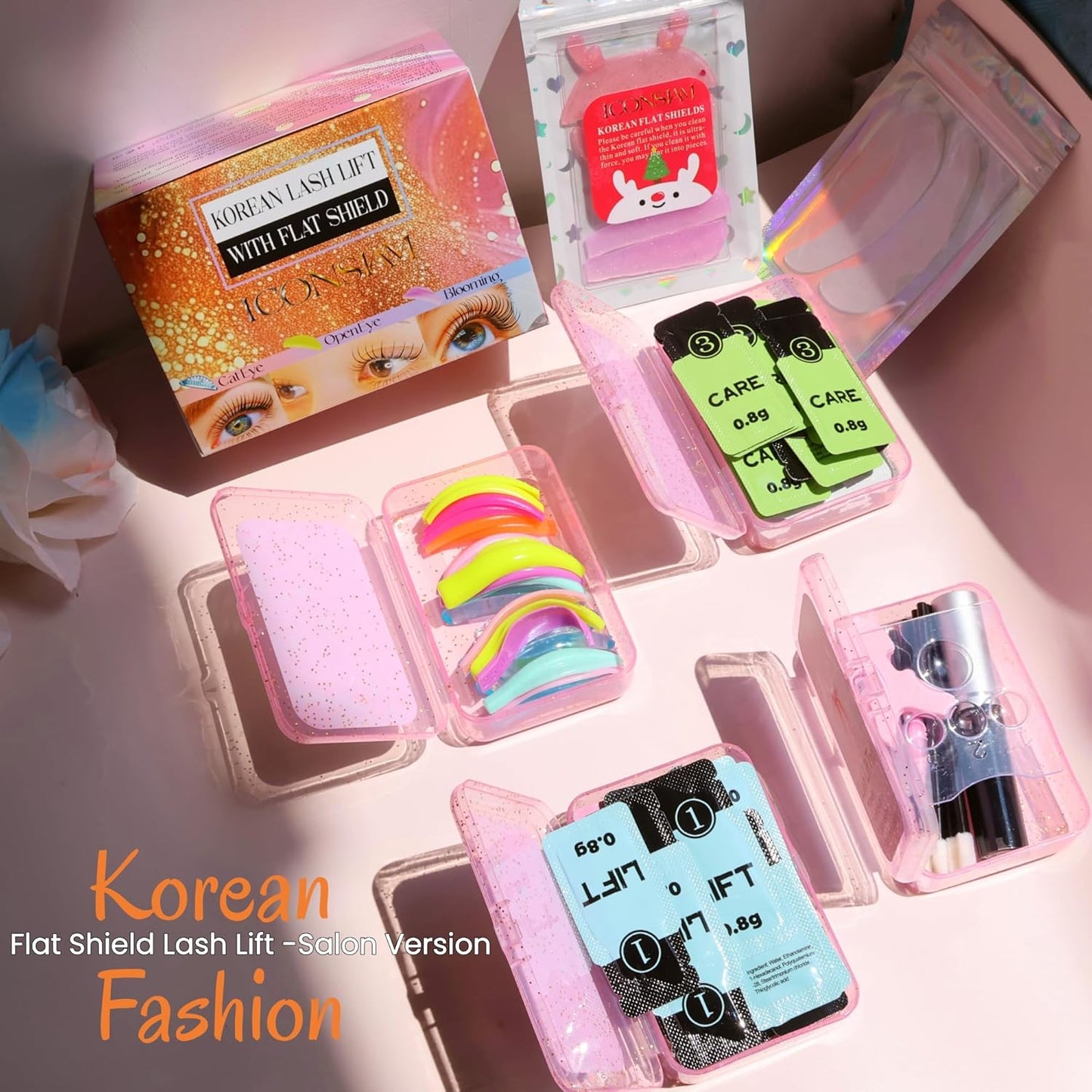 Korean Lash Lift Kit - Professional Eyelash Perming Set with Flat Shields | 15 Sachets for Quick 9-Minute Curling