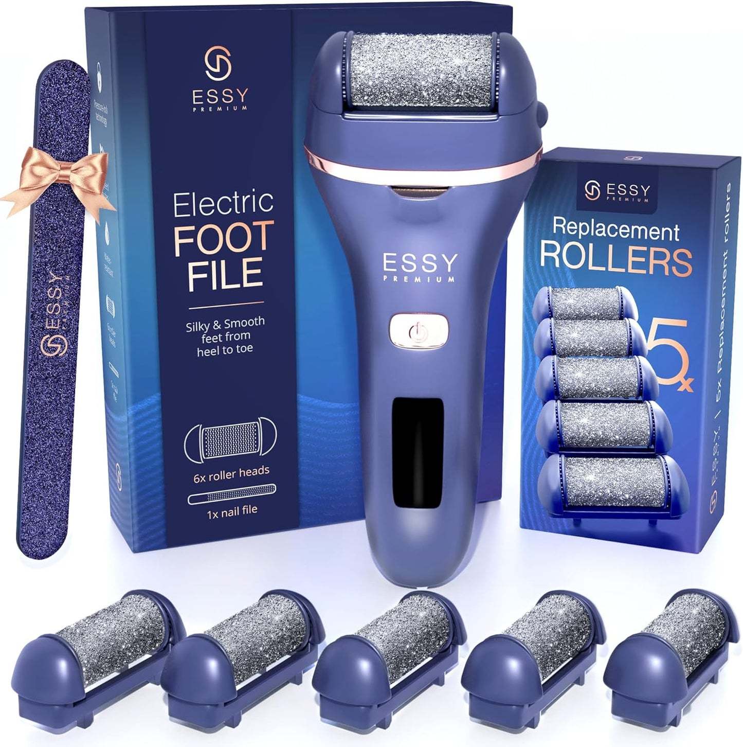 Rechargeable Electric Foot File - Waterproof Callus Remover with 5 Replacement Rollers | Cordless, 2 Speeds, LED Display, USB Charging (White)