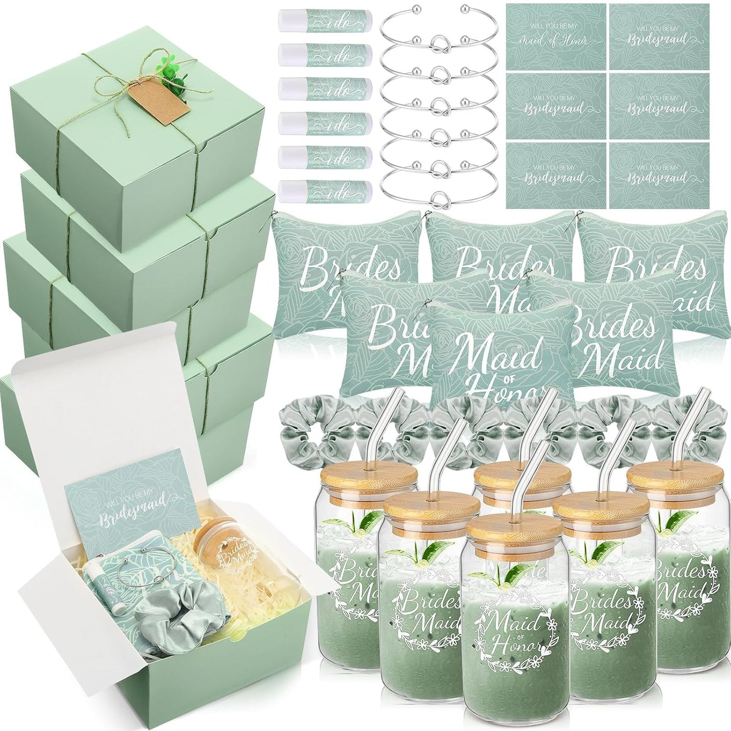 Bridesmaid Proposal Gifts - 54 Pcs Set with Makeup Bag, Glass Cup & Bracelet | Green & White