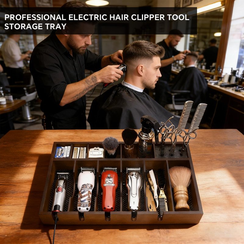 BARBERTOP Barber Organizer Station, Wooden Multi-Functional Barber Accessories Storage Tray, Adjustable Multi-Slot Hairdressing Tool Storage Station Suitable for Hair Salons, Home Use, and Pet Shops