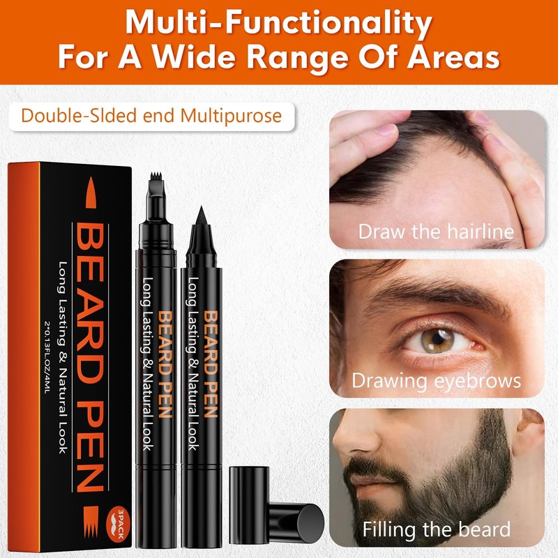 3-Pack Beard Pen Filler for Men, Waterproof & Sweat Proof Long-Lasting Beard Pen Kit with 2 Fillers & 1 Double-Headed Brush – Effectively Enhances Facial Hair (Black)