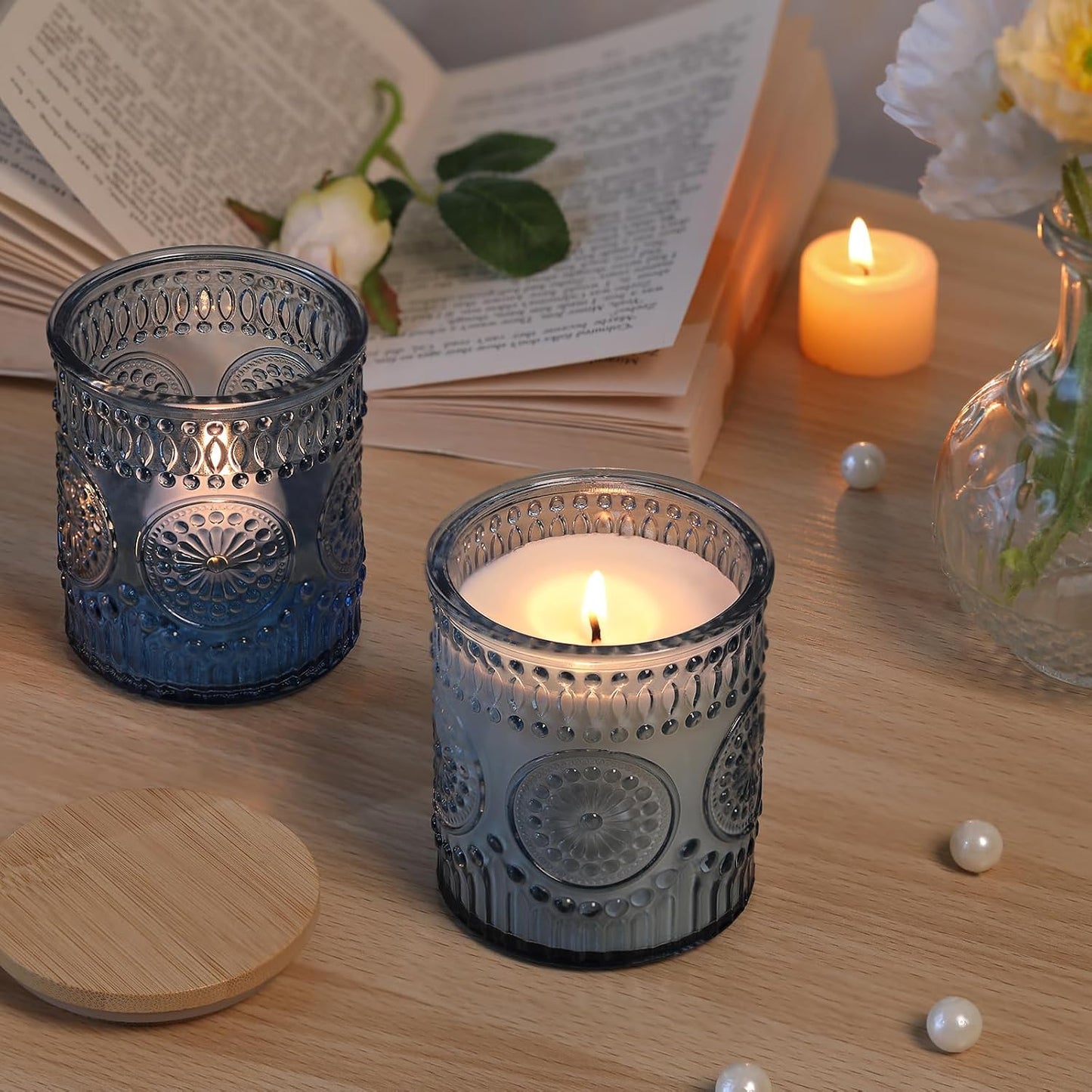 Blue Candle Jars - 10 Pack 7.5 OZ Empty Glass Candle Making Jars with Bamboo Lids & Labels | DIY Candle Supplies
