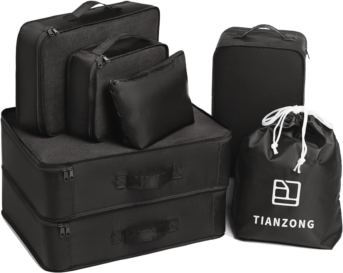 Packing Cubes Set - 7-Piece Travel Organizers for Luggage | Includes Shoe Bag - Black
