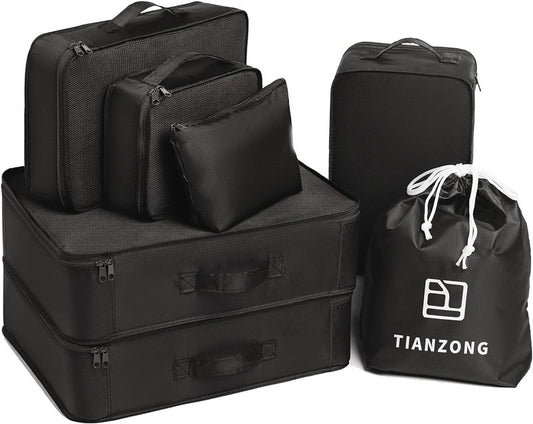 Packing Cubes Set - 7-Piece Travel Organizers for Luggage | Includes Shoe Bag - Black
