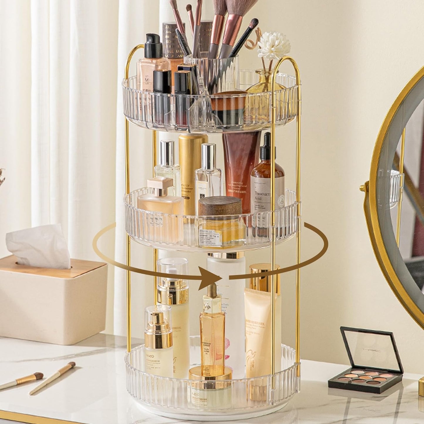 Rotating Makeup Organizer - 3 Tier Clear Cosmetic Holder for Vanity | Grey Perfume & Skincare Storage