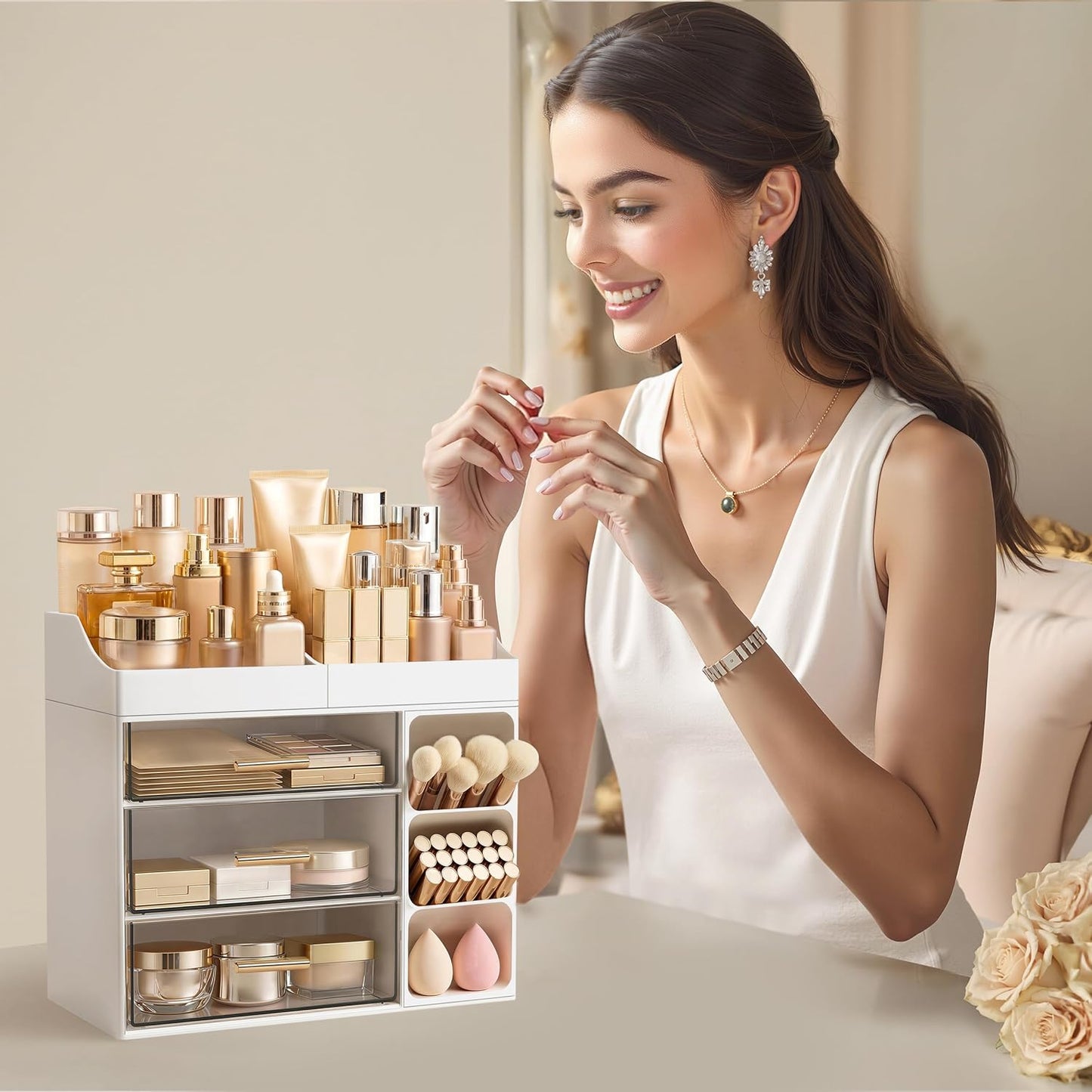 Makeup Organizer - Large Bathroom Countertop Storage with Brush Holder & Drawers | White Skincare Organizer for Vanity