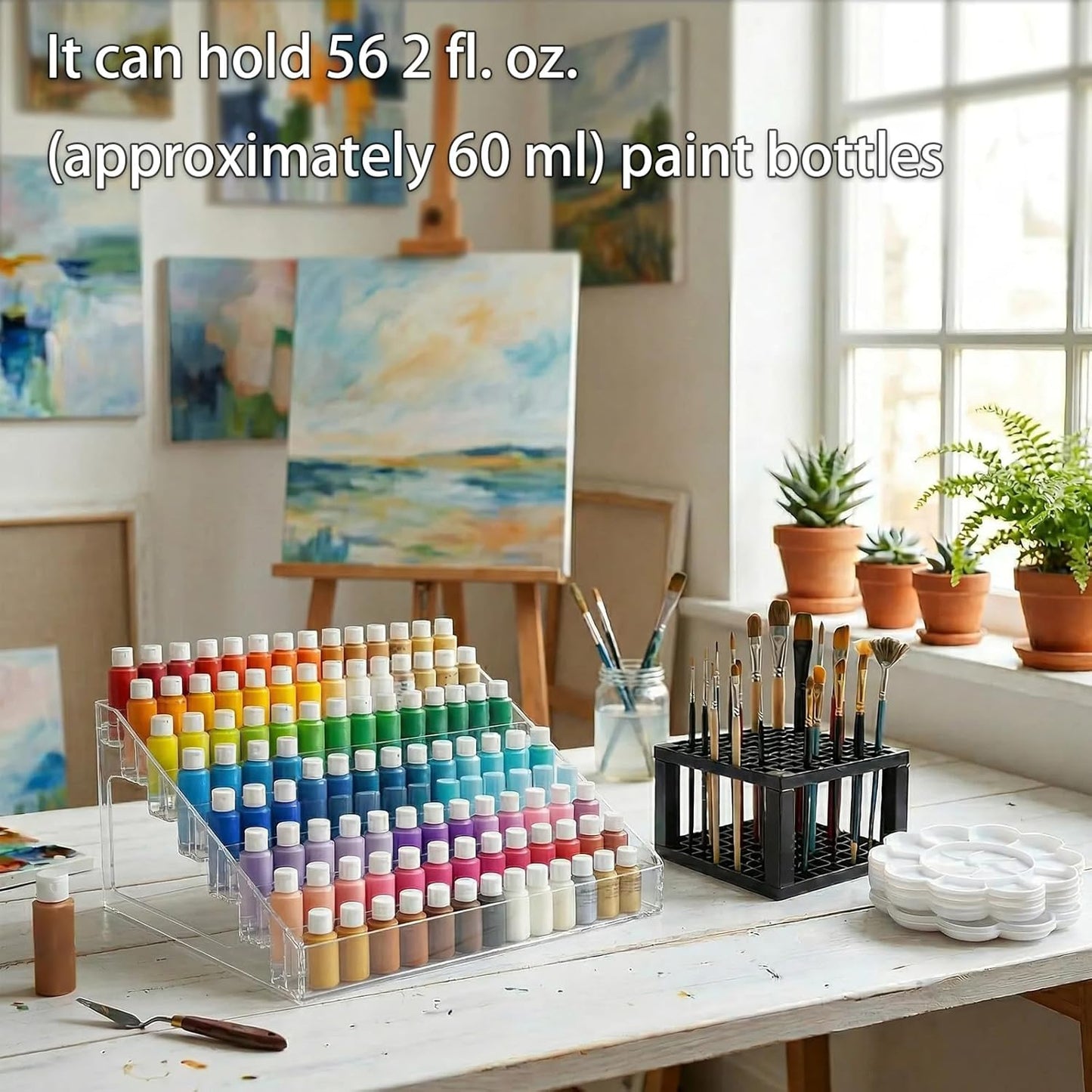 Clear Paint Organizer Set - 3 Pcs Acrylic Craft Storage Rack with Mixing Palettes & Brush Holder | 7 Layers for Oil & Model Paints