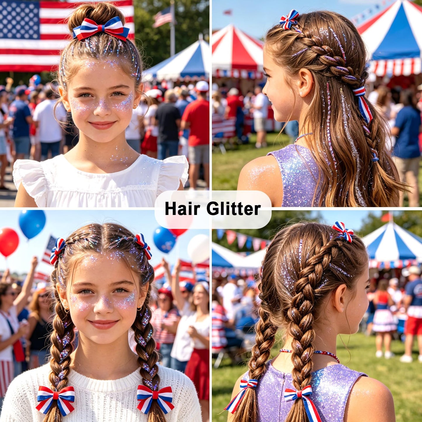 Patriotic Hair and Body Glitter Spray, 4th of July Decorations Accessories for 250 Anniversary Independence Day, Fourth of July Outfits for Women Kids, Red White and Blue Glitter Sparkle Powder