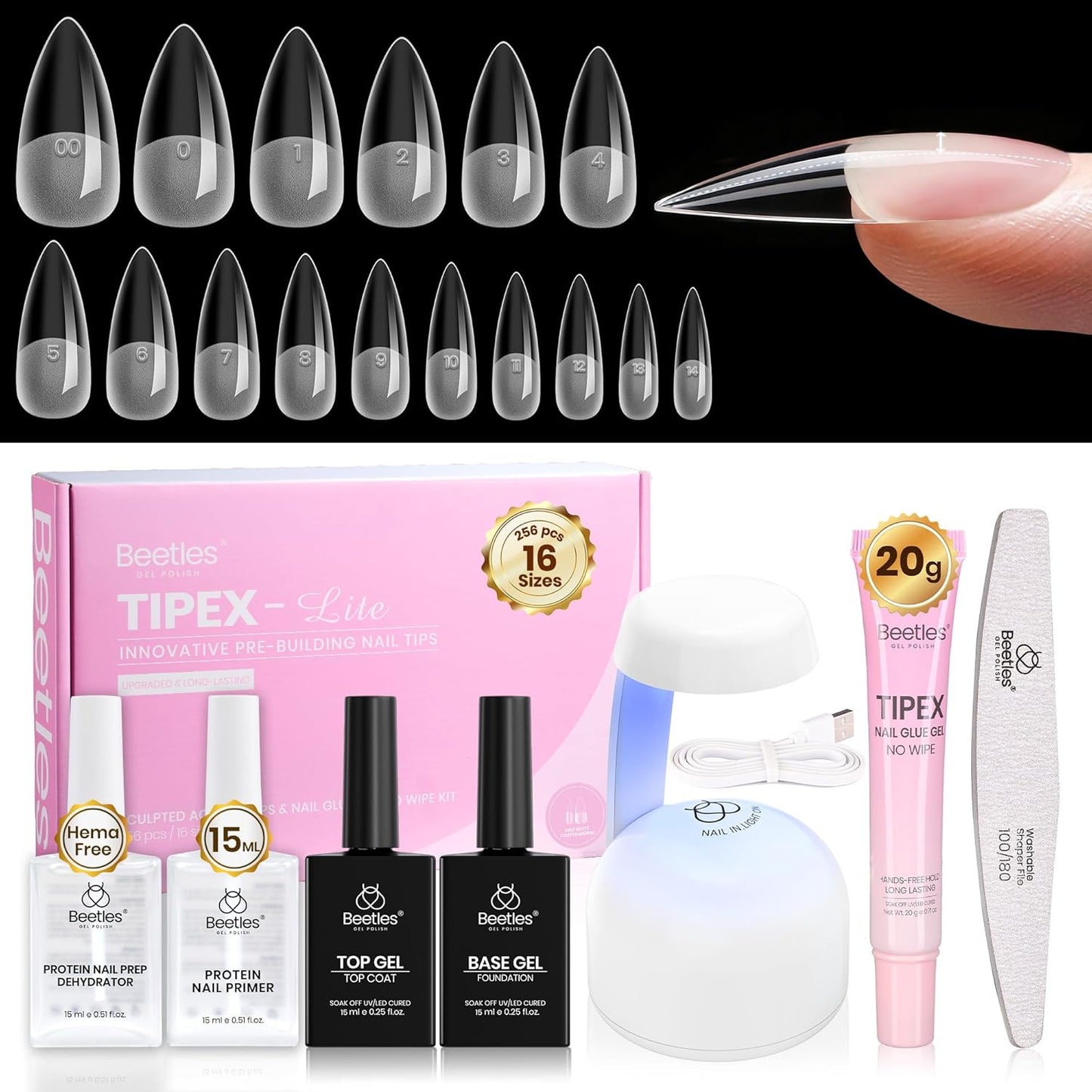 Beetles Tipex Lite Kit - All-in-One DIY Nail Art Set with Mini UV Lamp, 256PCS, Short Almond, 16 Sizes