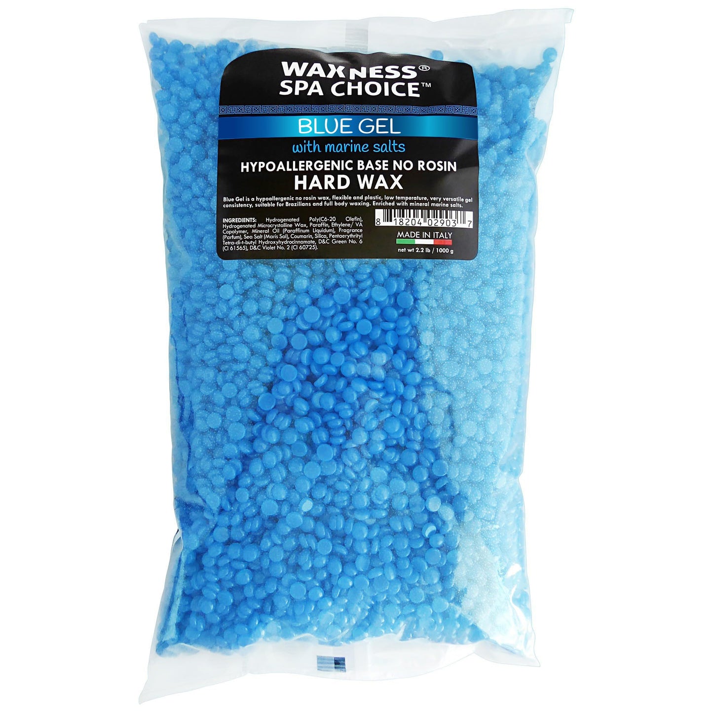 Waxness Spa Choice No Rosin Blue Gel Hard Wax Beads with Marine Salts 2.2 lb / 1 kg Pack of 12