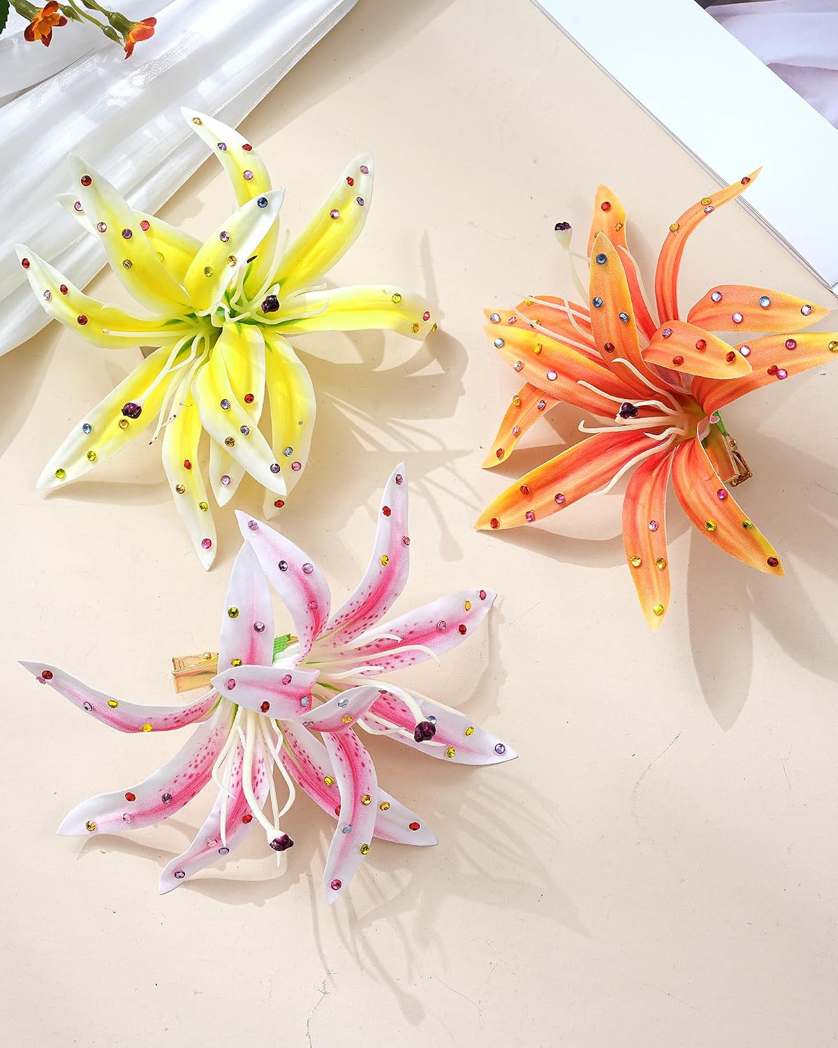 Hawaiian Flower Hair Clips - 3 Pack Tropical Orchid Hairpins | Rhinestone Wedding Accessories