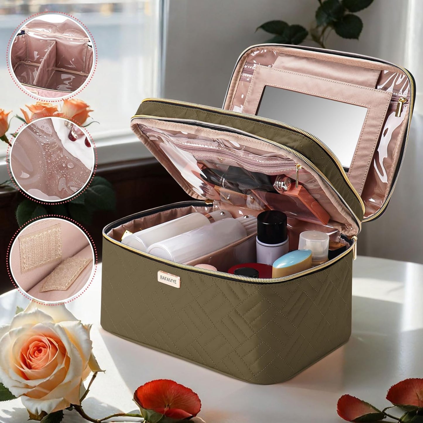Double Layer Travel Makeup Bag With Mirror - 8.8L Large Cosmetic Organizer for Women | Brown