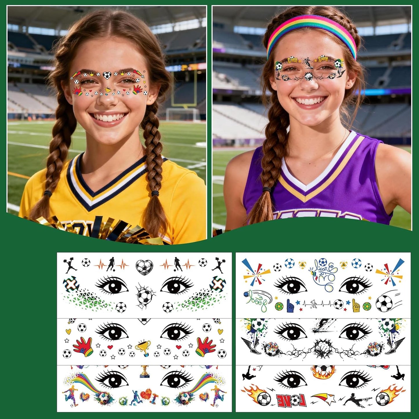 Soccer Temporary Tattoos - Waterproof Cartoon Face Stickers | 6 Fun Styles for Party Makeup