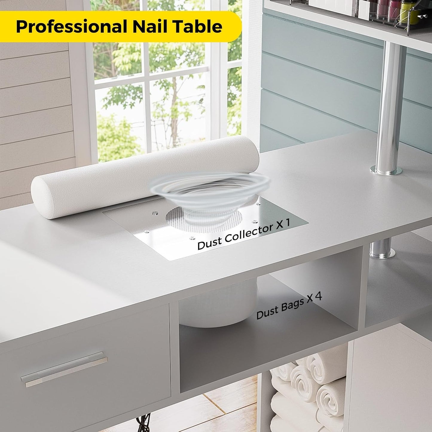 Manicure Table - L-Shaped Nail Desk with Dust Collector & Storage | Mobile Workstation in White