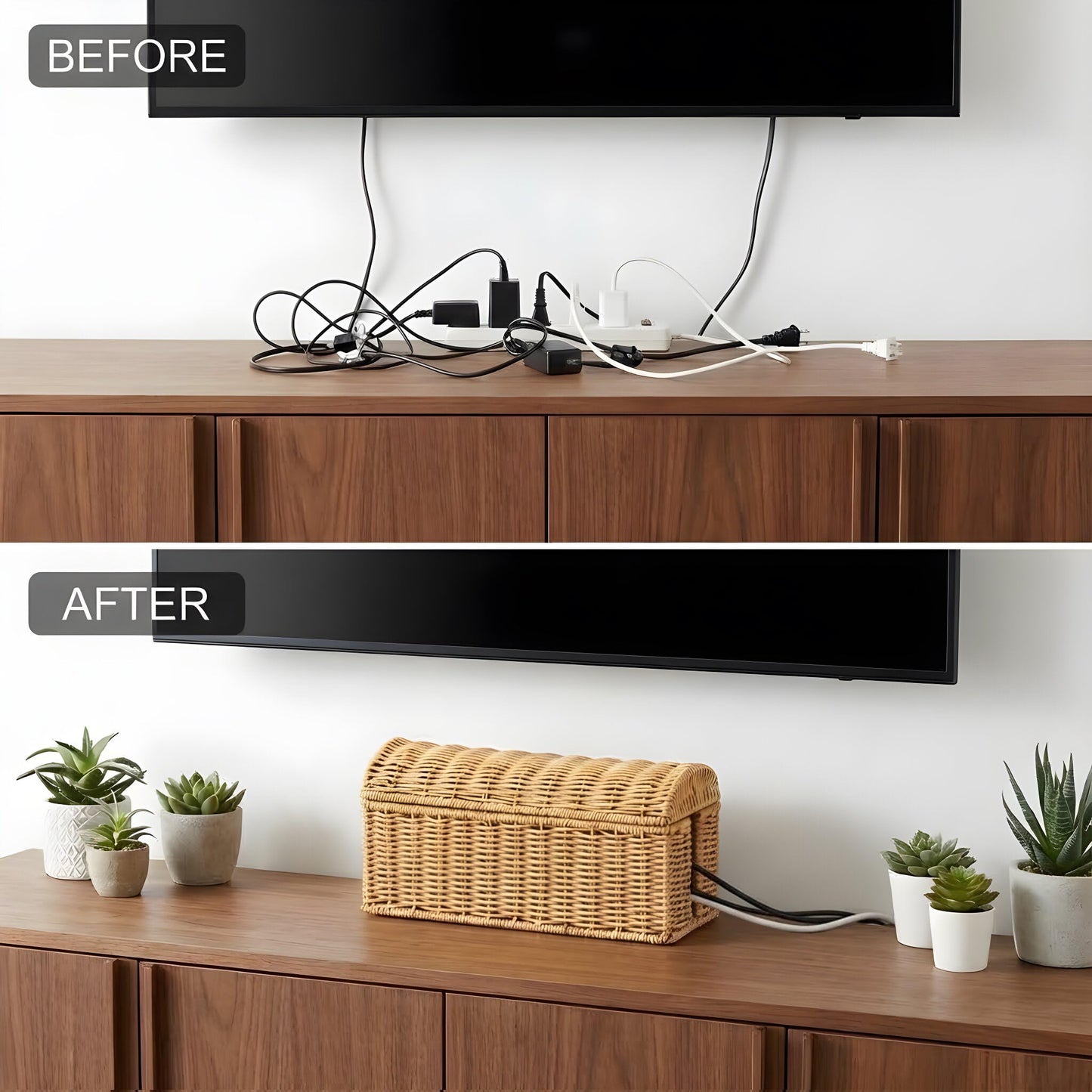 Cable Management Box, Handwoven Rattan Cable Organizer, Cord Organizer Box to Hide Cords & Power Strip, Boho Wire Hider Basket for Home Office, Dome Cover, Natural