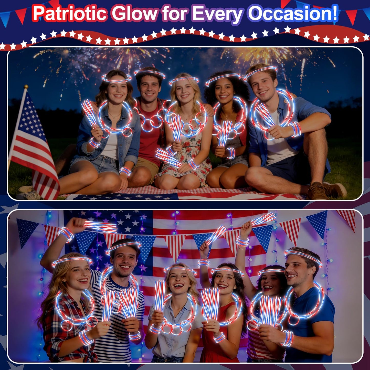 200 PCS 4th of July Glow Sticks Bulk with Connectors,Red White Blue 3 Colors In 1 Glow in The Dark Stick, Light Up Bracelets & Necklaces for Kids & Adults, 250th Anniversary USA Party Favor Supplies