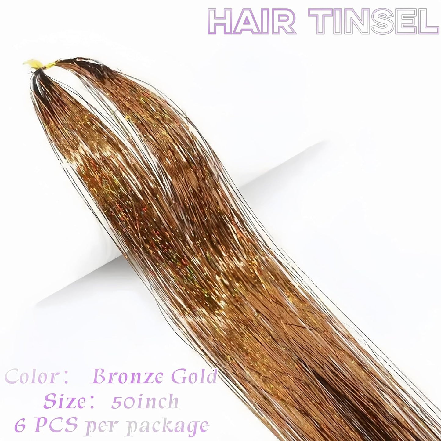 Hair Tinsel Kit - 48 Inch Holographic Glitter Strands for Party & Cosplay | Heat Resistant Bronze Gold