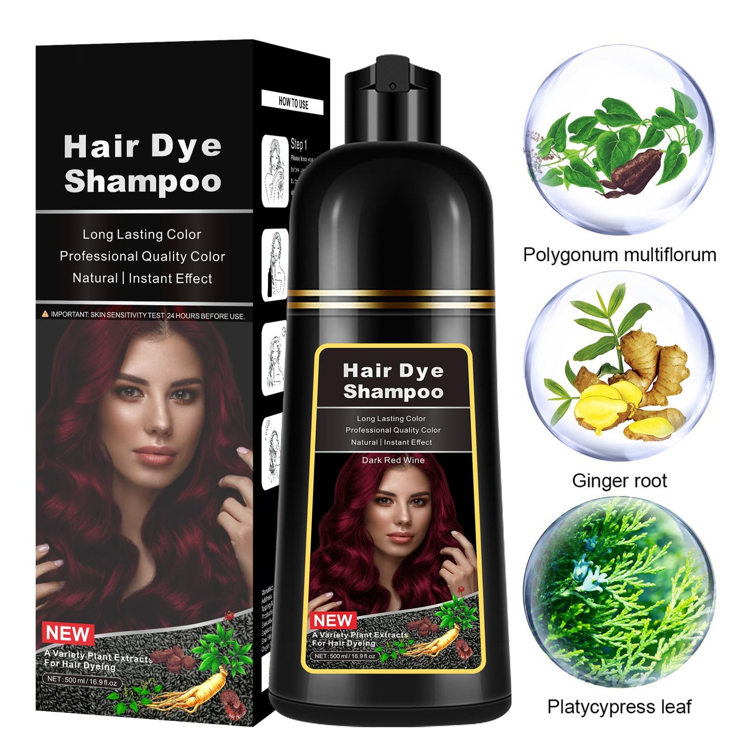 lymznus Instant Dark Wine Red Hair Dye Shampoo 3 in 1 for Gray Hair, Natural Hair Color Shampoo for Men & Women, 16.9 FL OZ Herbal Red Hair Shampoo & Red Hair Dye Colors in Minutes