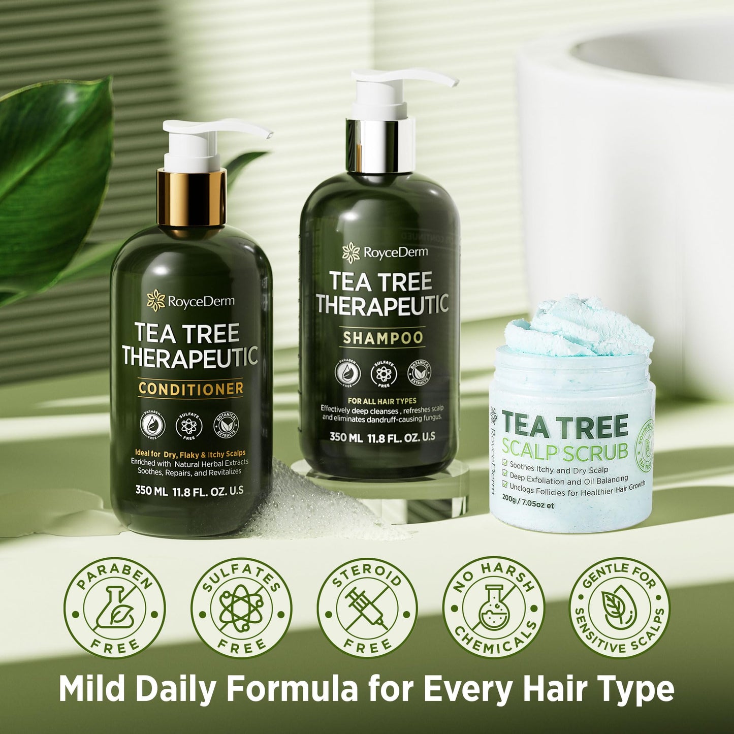 Roycederm Tea Tree Antifungal Scalp Care Set – Pre-Shampoo Scrub + Tea Tree Antifungal Shampoo + Hydrating Conditioner – Itchy & Dry Scalp Relief, Dandruff & Folliculitis Treatment