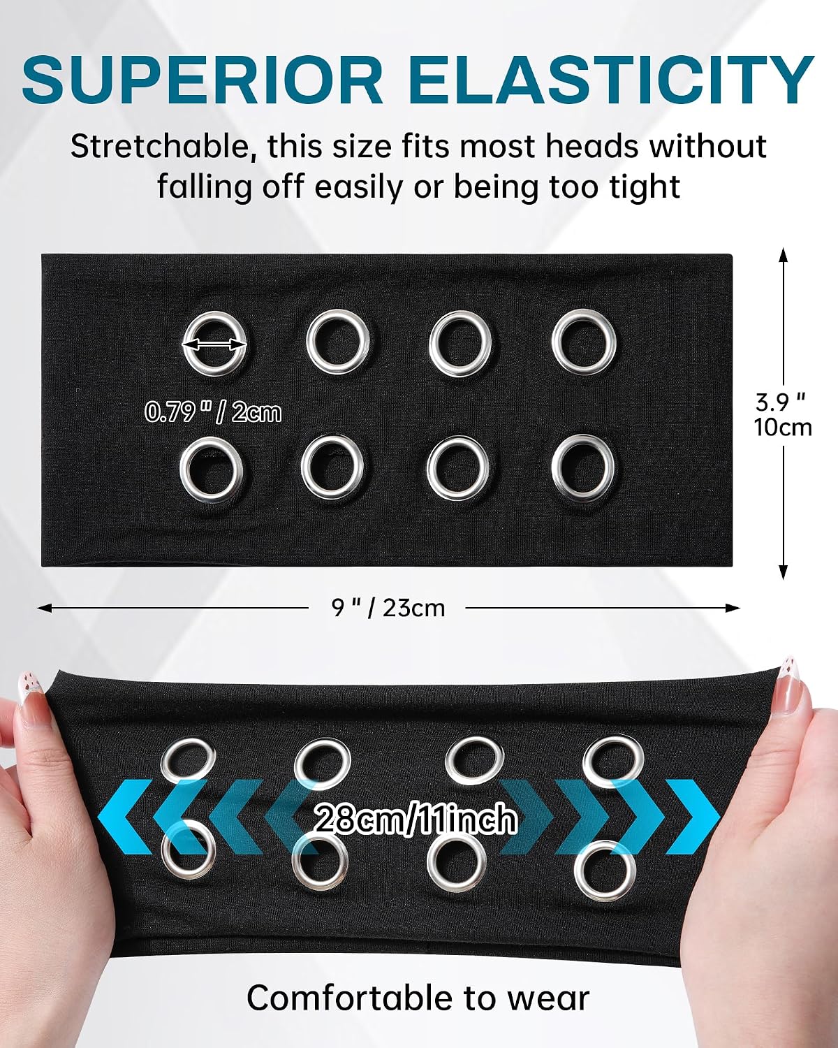 Fashion Grommet Wide Headbands for Women - 3 Pack Hollow Out Elastic Hair Accessories | Black, Snakeskin, Leopard, 3.9" Wide