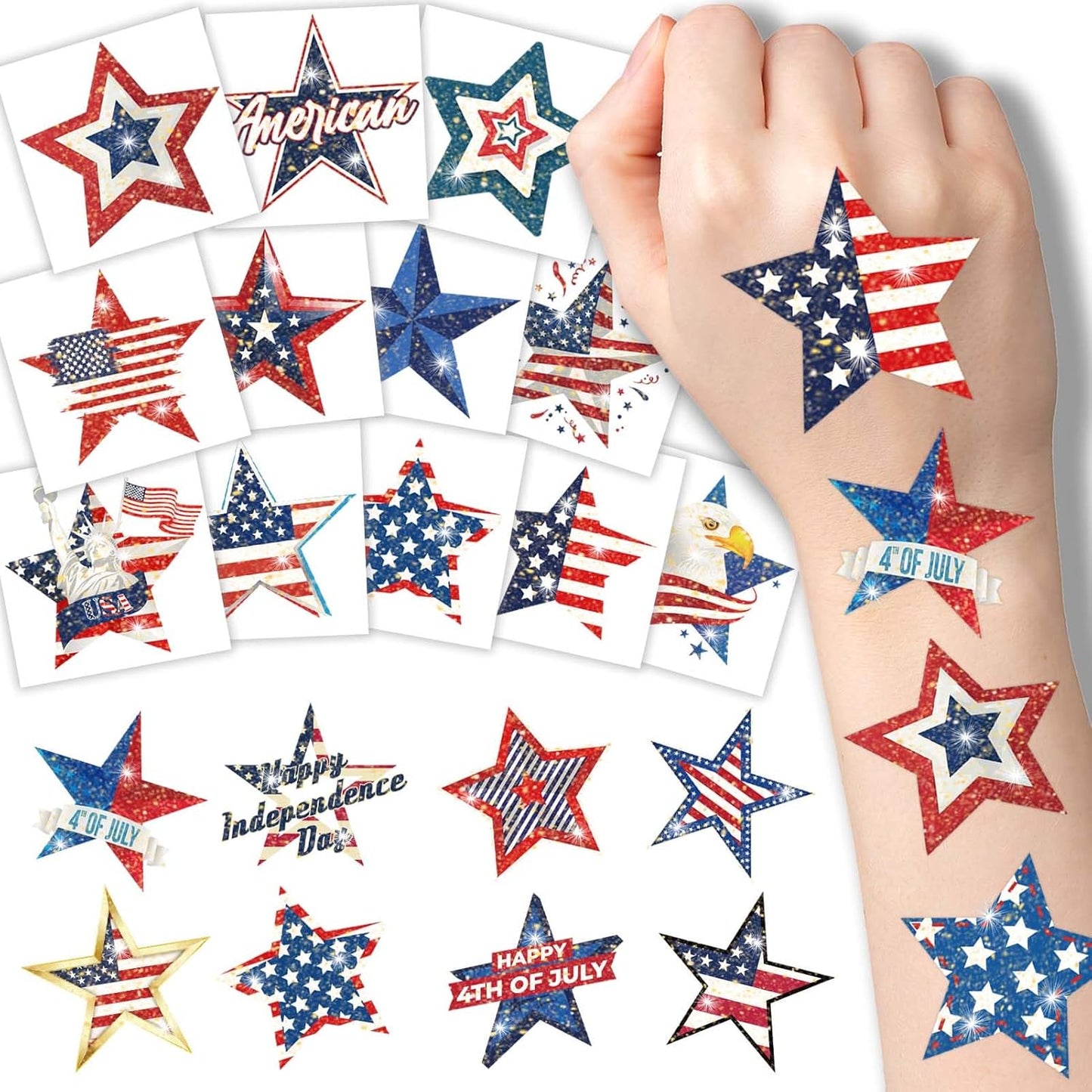 120 Pcs Glitter 4th of July Temporary Tattoos - Waterproof Star Designs for Independence Day Celebration
