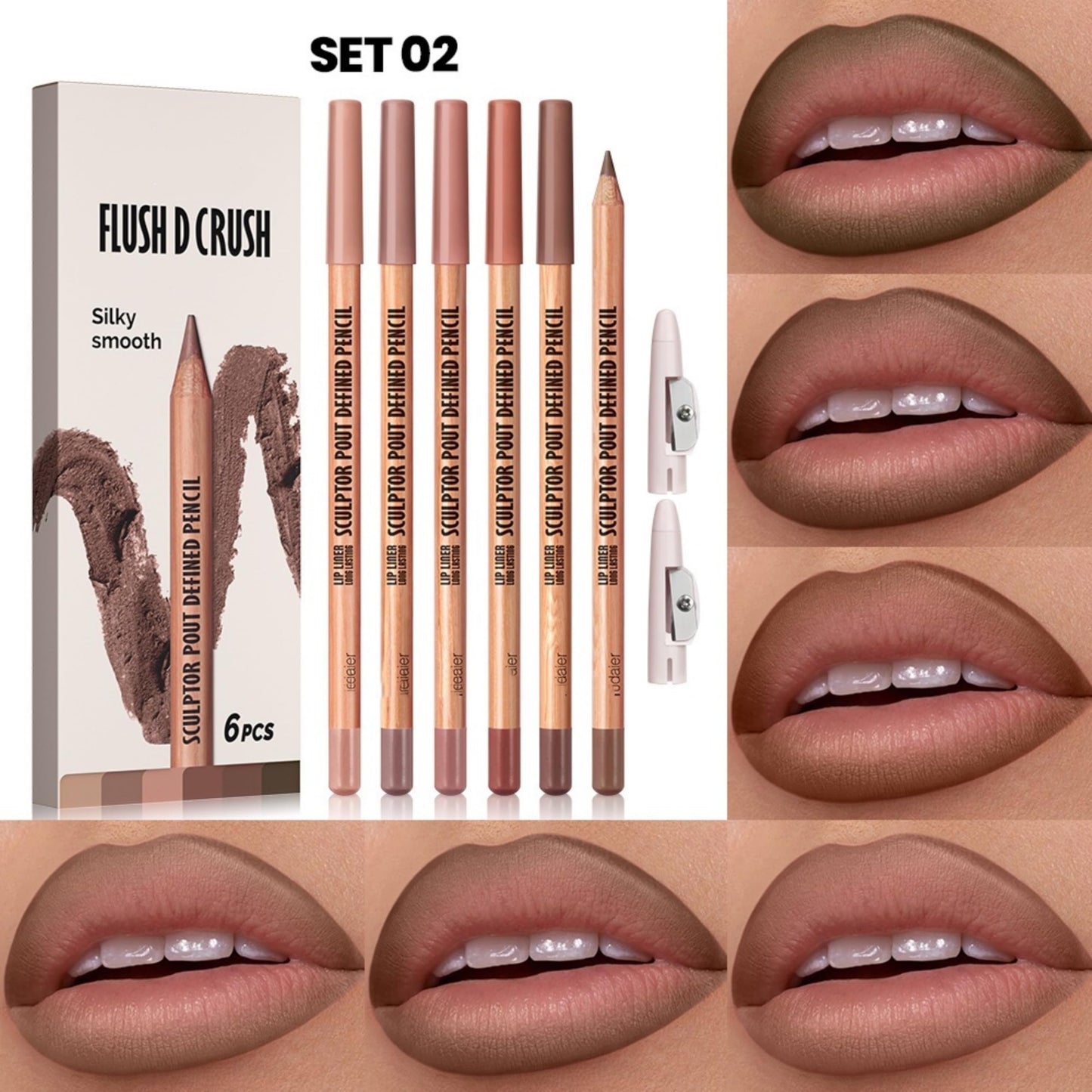 MAEPEOR Lip Liner Set 6Pcs Pure Natural Oak Brown Pink Red Series Lip Liners Smooth High Pigmented Matte Finish Lipliner Pen Kit (Set 02)