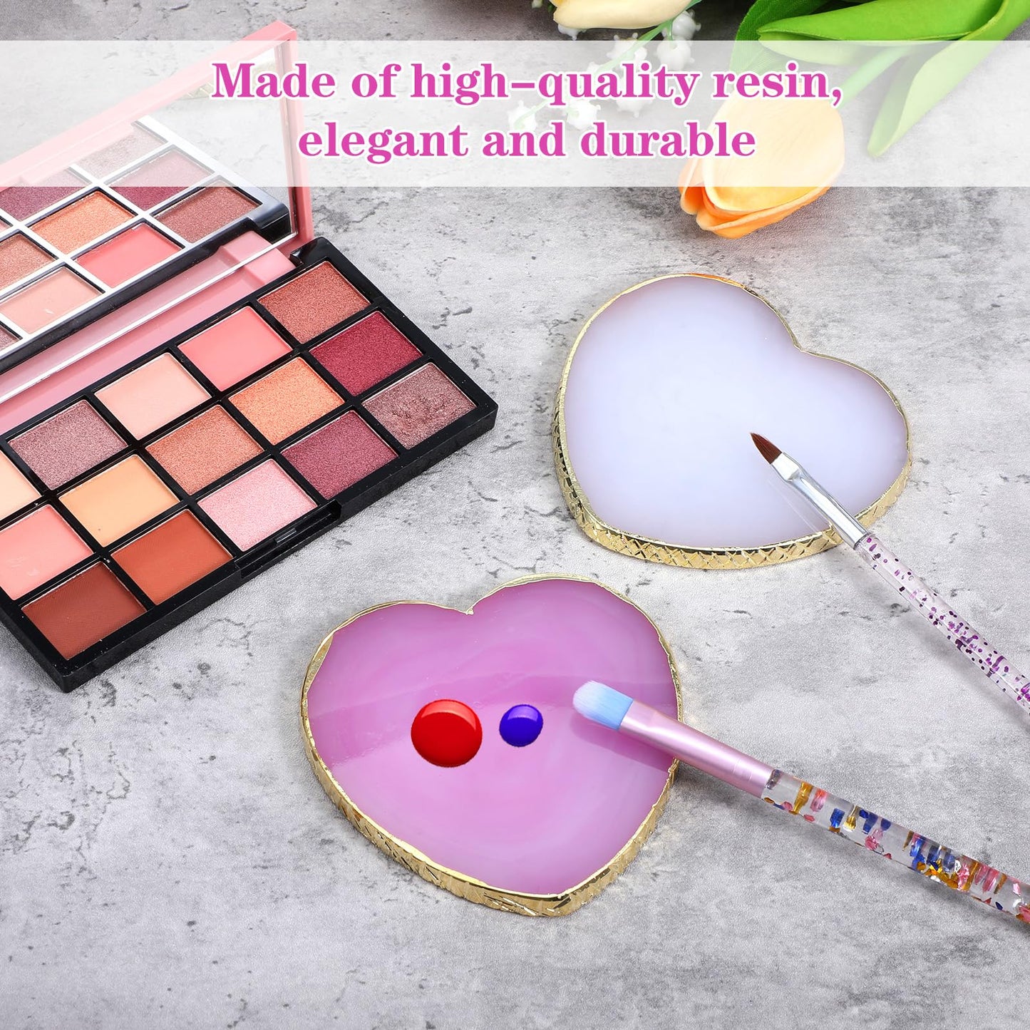 WJIAAA Resin Nail Art Palette,2PCS Heart-Shaped Resin Nail Art Palette Nails Painting Mixing Tray with Gold Edge Display Board Purple White Polish Plate Makeup Plate Cosmetic Mixing Tools DIY Manicure