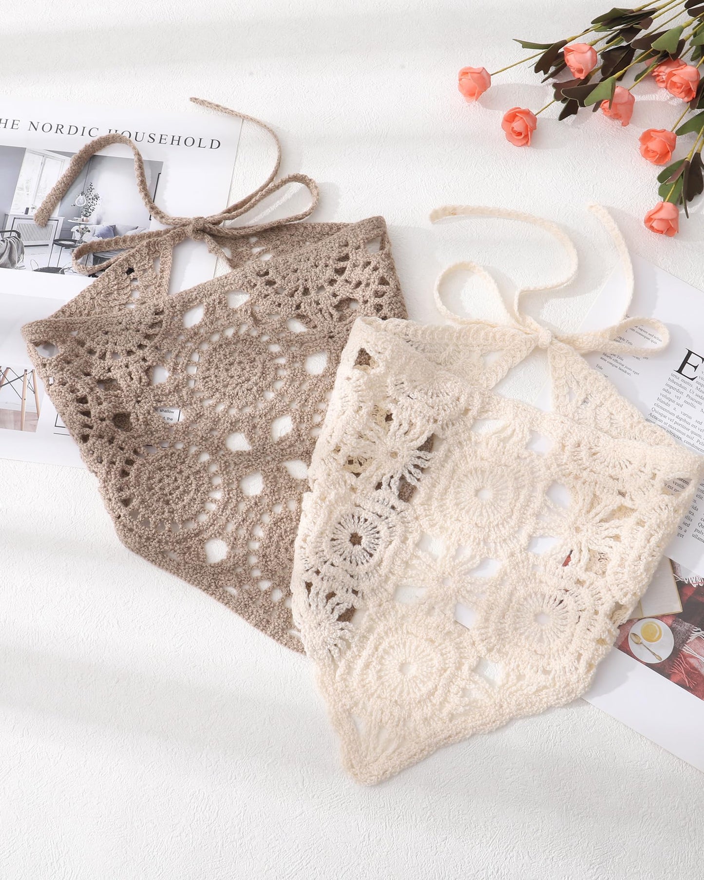 HAIMEIKANG Crochet Hair Bandanas for Women Knit Head Scarf Bandana Headband Scarf Tie-Back Floral Headscarf for Girls(White+Coffee)