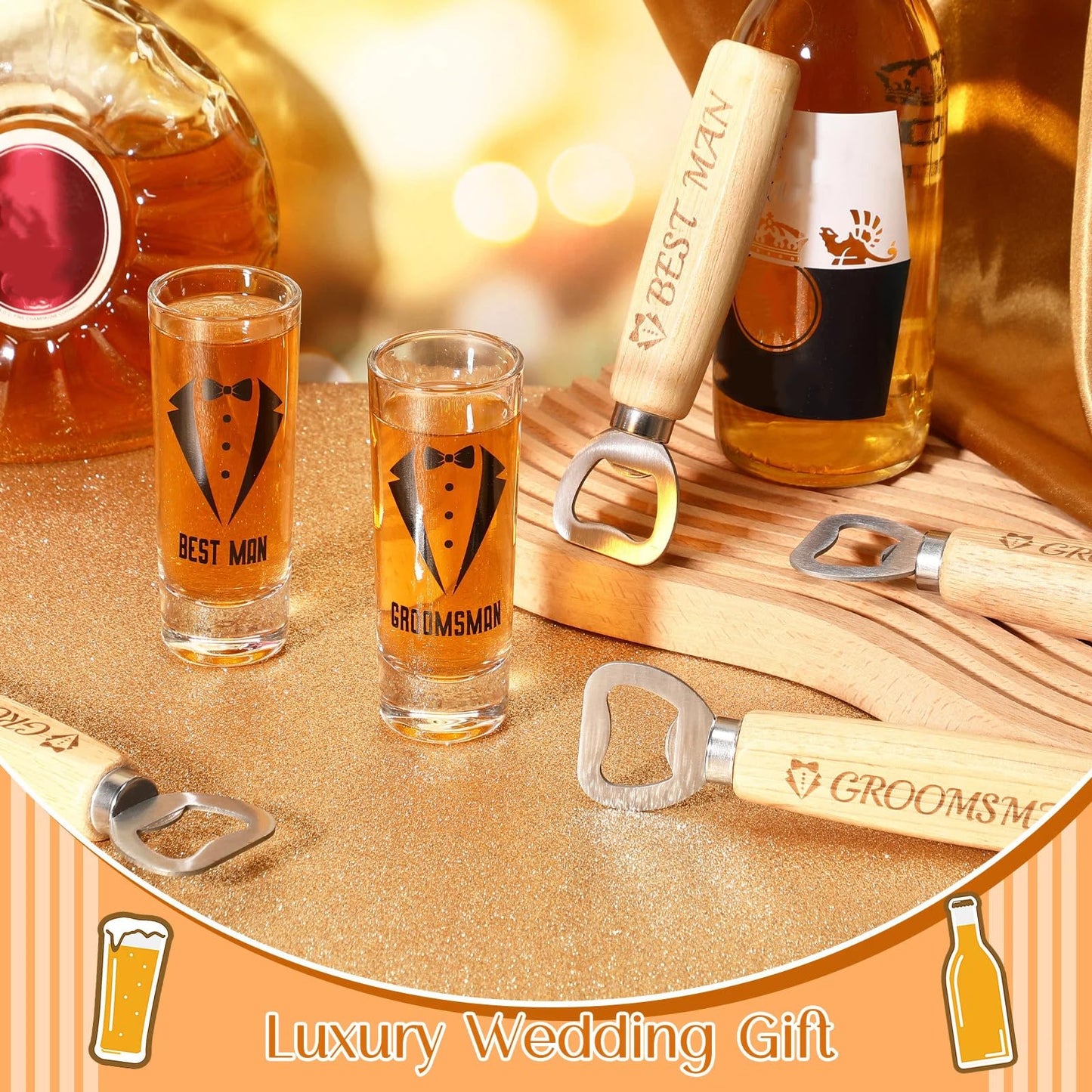 Didaey 12 Pcs Groomsmen Shot Glasses and Wooden Bottle Opener Set Include 6 Best Man Shot Glasses and 6 Bottle Opener Groomsmen Gifts Best Man Gift for Wedding Favor(Simple)