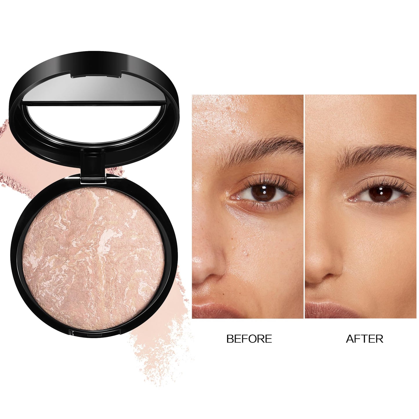 AKARY Baked Powder Foundation, Oil Control Correcting Foundation, Buildable Light to Medium Coverage - Demi-Matte Natural Finish Smooth Lightweight Setting Powder Palette