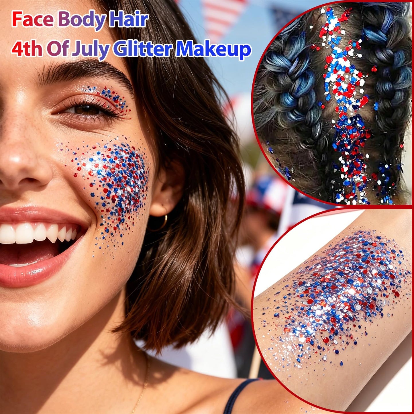 Boko 50ML Body Glitter Gel, Red White Blue 4th of July Chunky Glitter for Face Hair Body Makeup, Patriotic Glitter for USA Independence Day Memorial Day Veterans Day Flag Party Rave Accessories