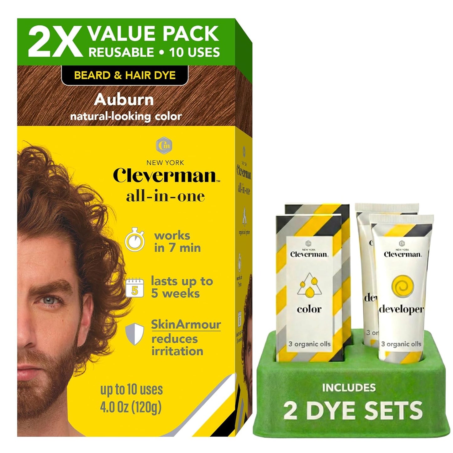 Reusable Hair & Beard Dye for Men - Medium Brown | Natural Gray Coverage, No-Drip Cream, Up to 5 Uses