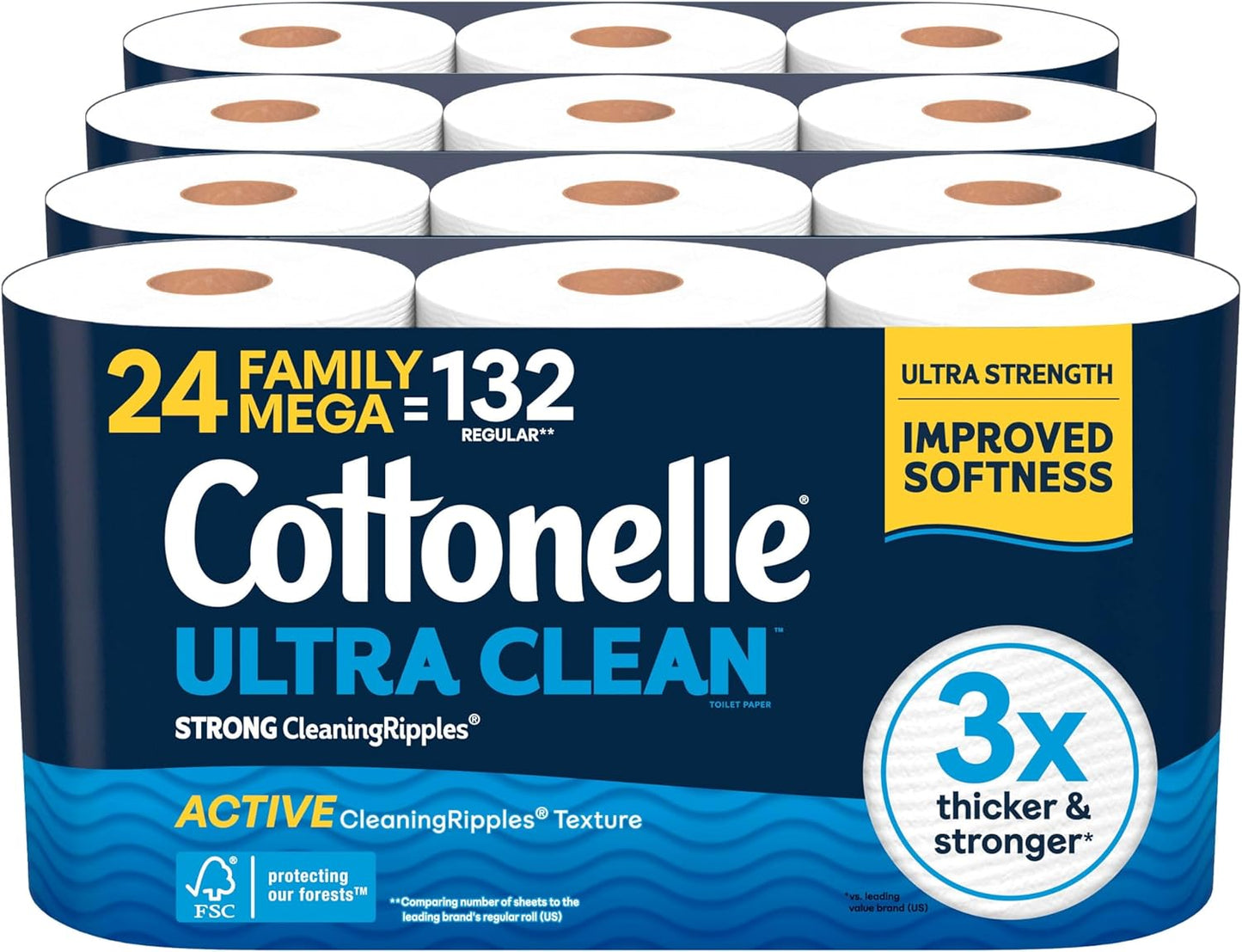 Cottonelle Ultra Clean Toilet Paper - Active Cleaning Ripples Texture, 24 Mega Rolls | Strong Bath Tissue