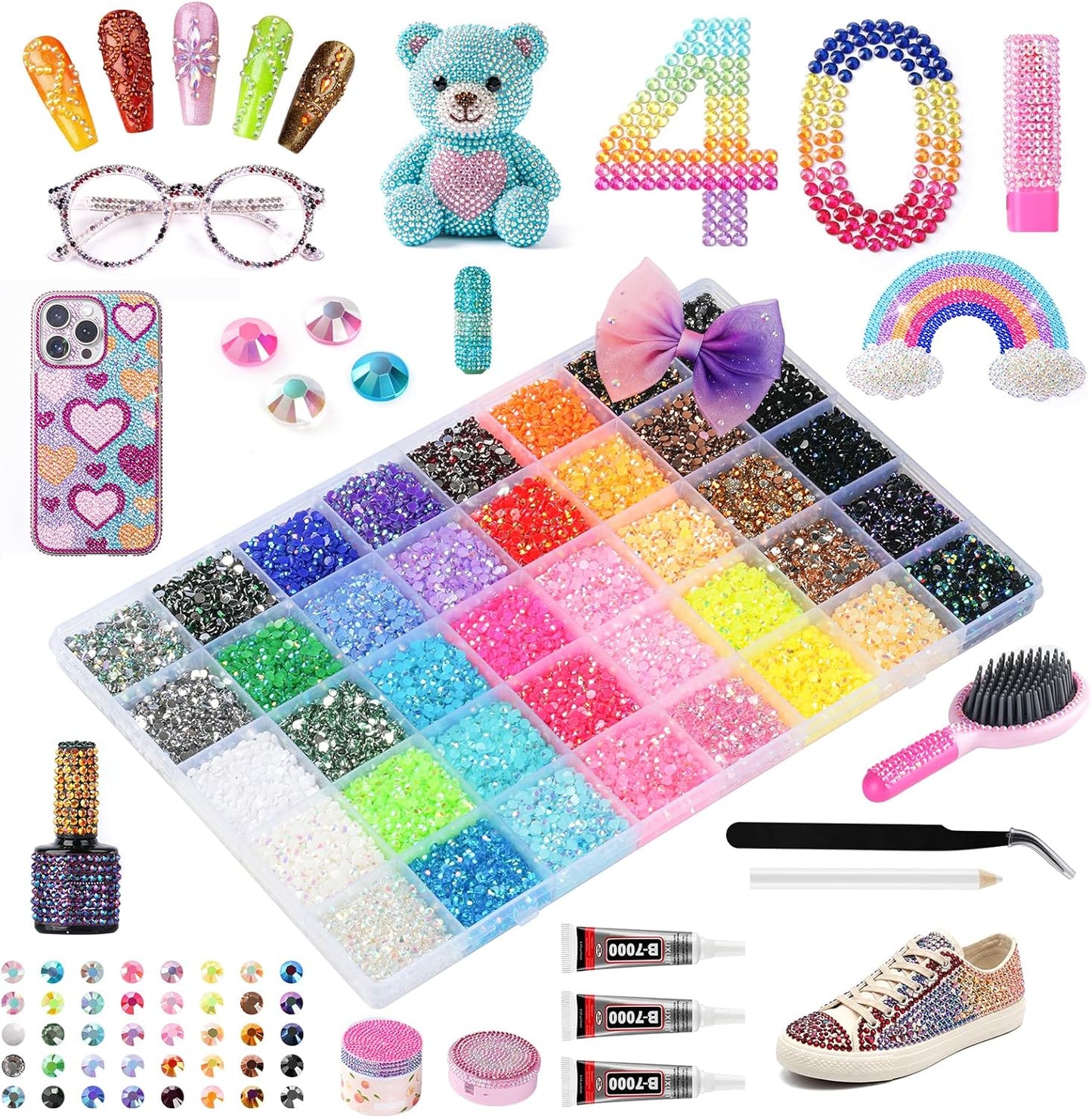 Resin Jelly Rhinestones Kit - 18,000 Pcs in 40 Colors | 4mm Flatback Gems with B7000 Glue & Tools for DIY Crafts