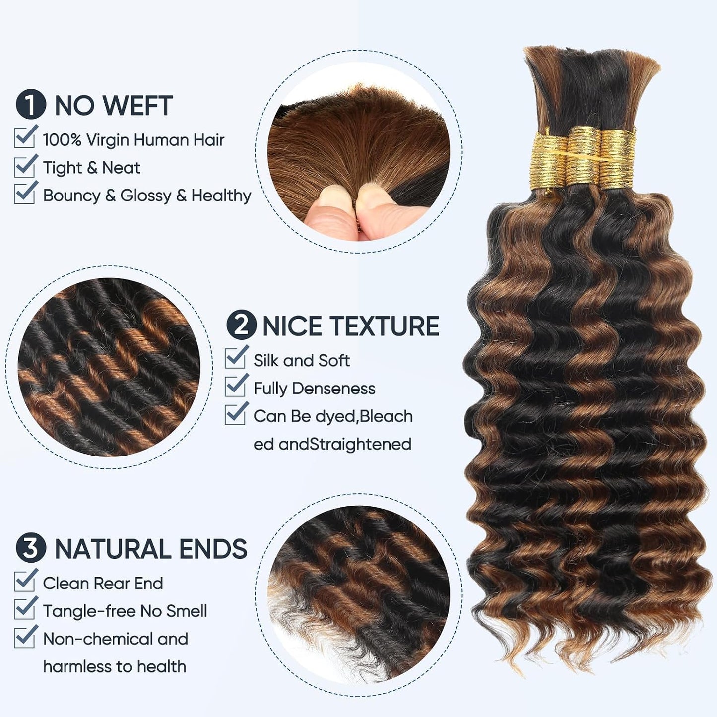 Human Braiding Hair - Ombre Deep Water Wave | 150g 16 Inch Curly Braiding Bundles, 1B/30 Highlights