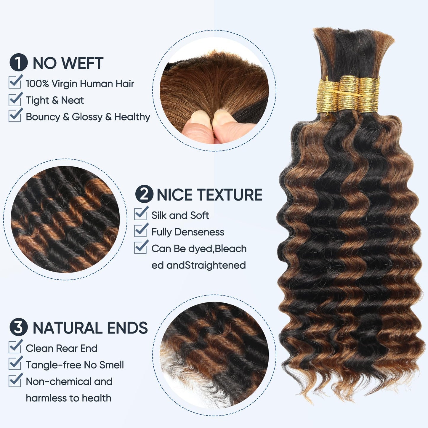 Human Braiding Hair for Boho Braids,150g 16 Inch 3 Bundles Ombre Deep Water Wave Bulk Boho Curly Human Hair Bundle for Braiding,1b/30 Highlight No Weft Wet and Wavy Knotless Braiding Hair Extensions