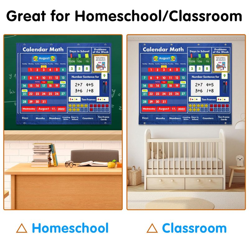 BOHEMIABY Circle Time Learning Center Classroom Pocket Chart Preschool, Educational Pocket Chart Teaching Materials, Learning Calendar Weather Counting Letter Color Shape (Math Classroom Pocket Chart)