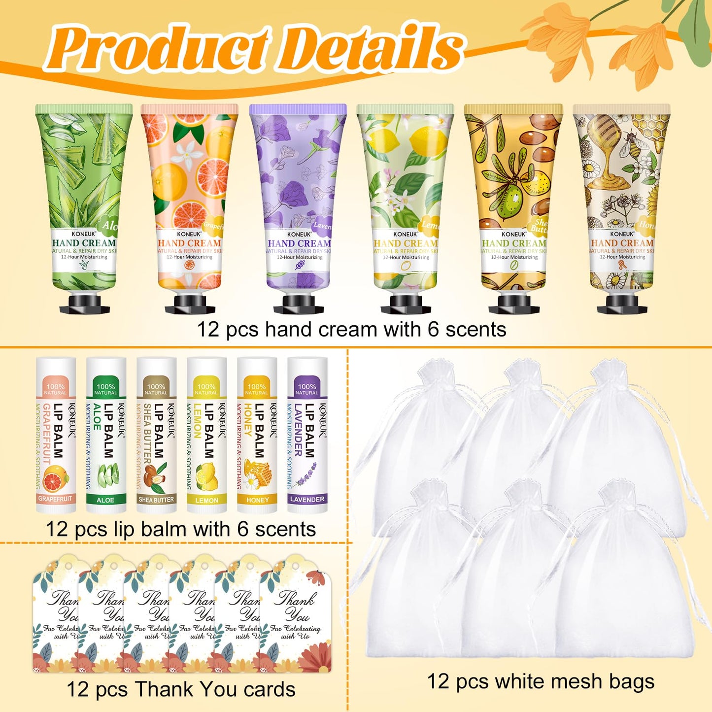 12 Pack Bulk Hand Cream and Lip Balm Set, Bulk Gifts for Women, Teacher Appreciation Gifts, Thank You Gifts, Bridal Shower Favors, Bridesmaid Gifts, Wedding Shower Favors and Small Gifts for Guests