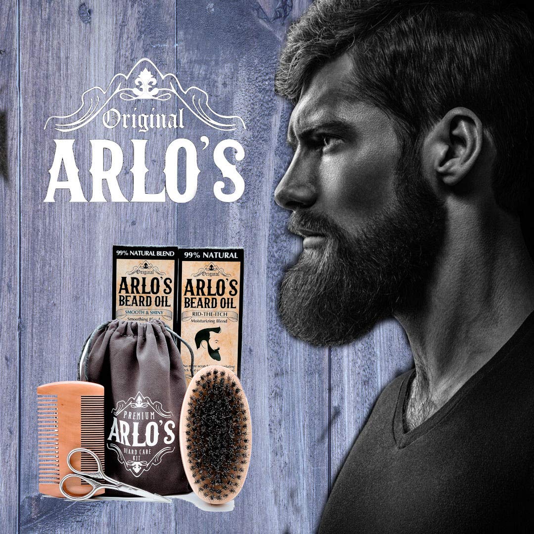 Arlo's 6-PC Mens Beard Grooming Set with Rid the Itch and Smooth and Shiny Beard Oils, Beard Brush, Beard Comb, Scissors, and Carrying Bag