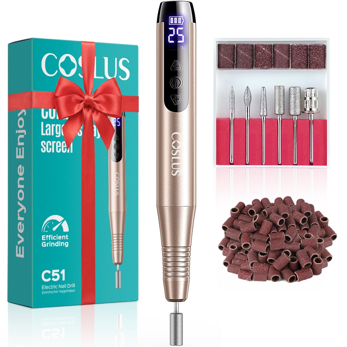 COSLUS C51 Cordless Nail Drill Electric File: Professional for Acrylic Gel Dip Powder Nails, Portable All-in-One Nail Drill Machine Kit for Manicure & Pedicure, with LED Screen & 25 Speeds