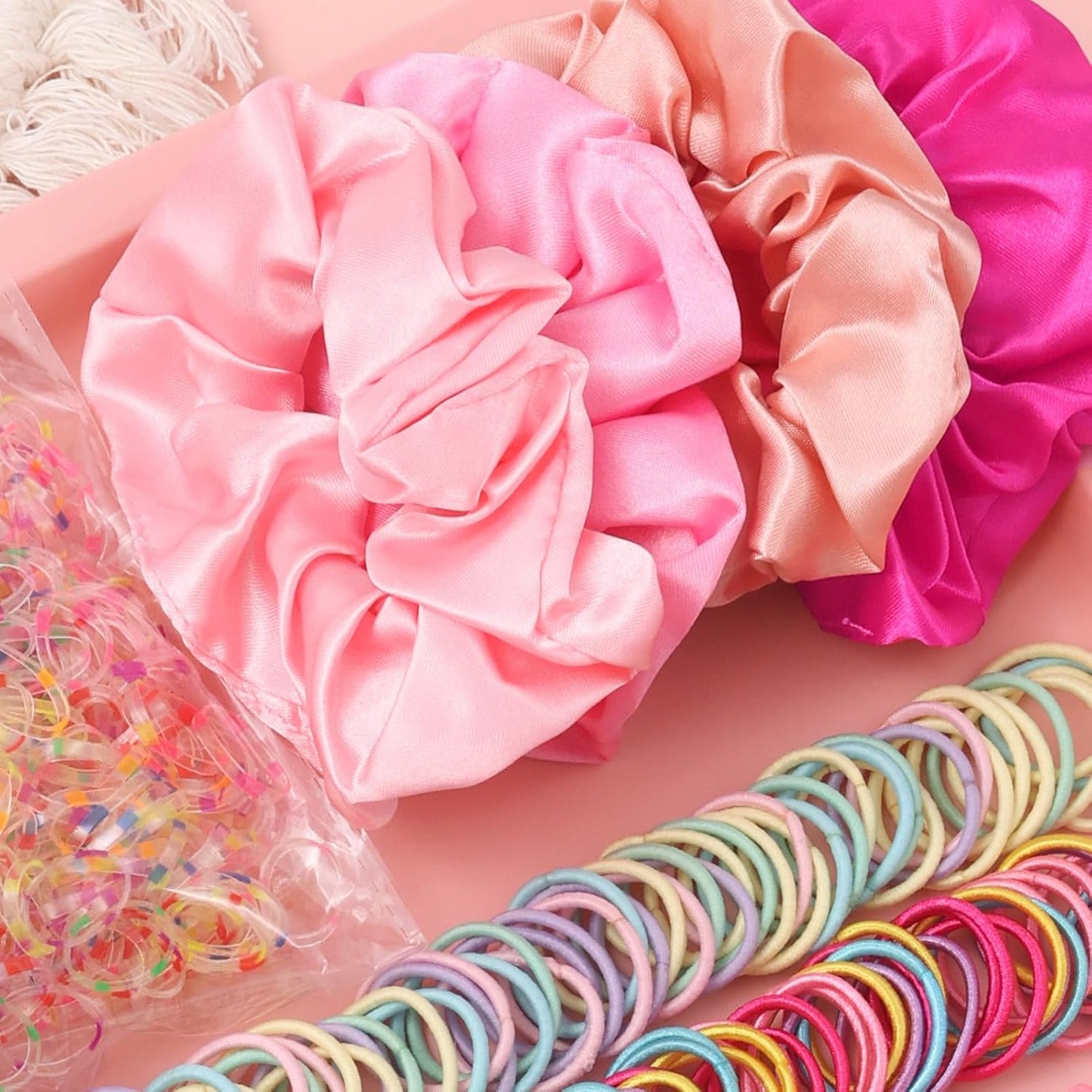 Colorful Elastic Hair Ties Set for Girls - 505PCS Cute Rabbit Ear, Mini Flower Clips & Satin Silk Scrunchies | Gift Box Included