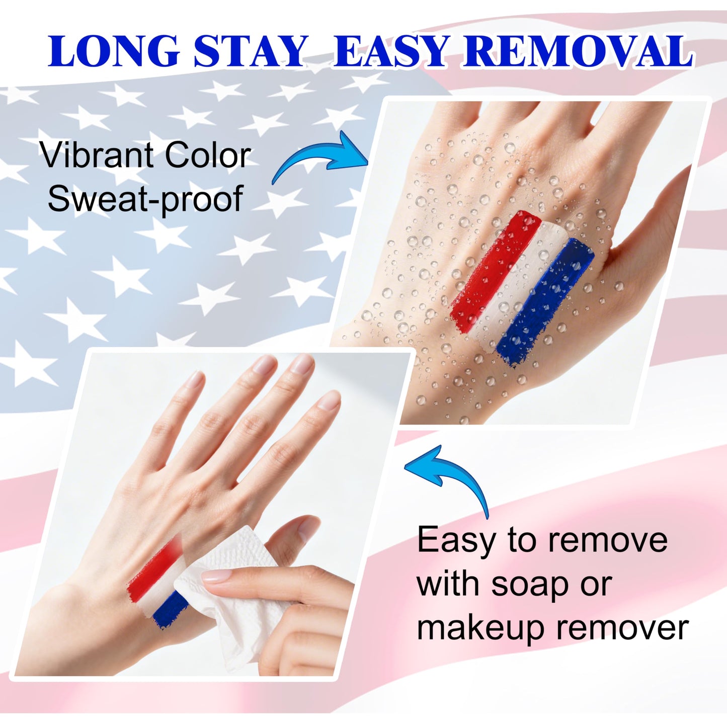 Faglowmify 2Pcs Red White and Blue Eye Black,USA Flag Face Paint Makeup for 4th of July America Independence Day,Baseball Face Paint for Game Day