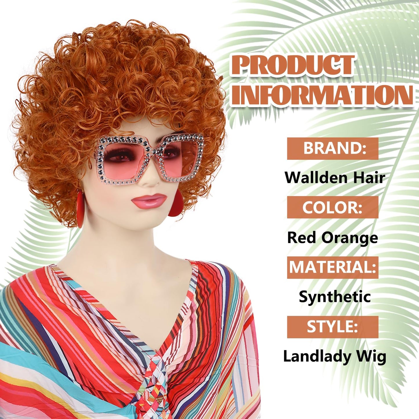 Short Curly Red Orange Wig Set - Includes Pink Sunglasses, Rainbow Necklace, Earrings & Bracelets | Perfect for Halloween Cosplay